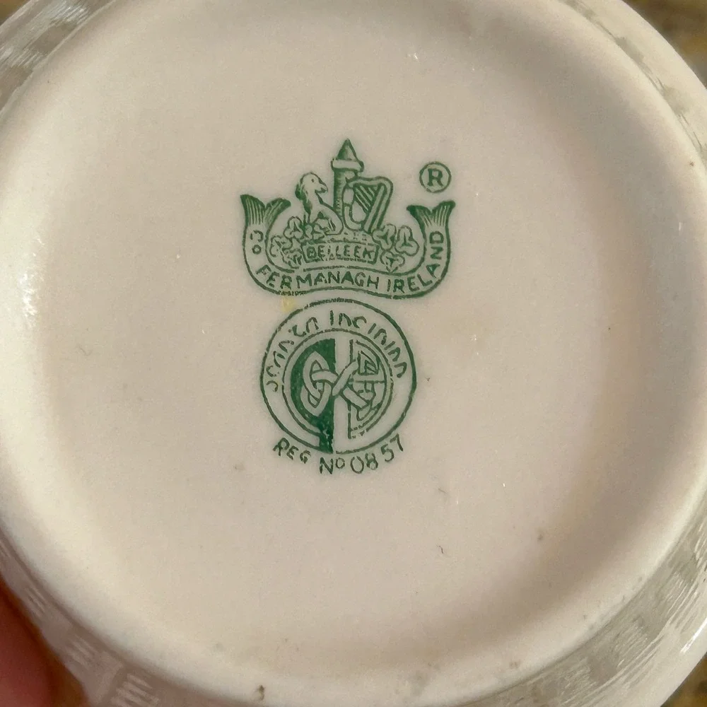 Belleek Ireland Sugar Bowl Small Cream‎ Basketweave Parian China Green Mark